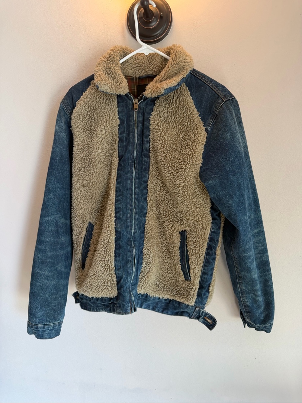 Zara Blue Denim Bomber Jacket with Tan Sherpa small